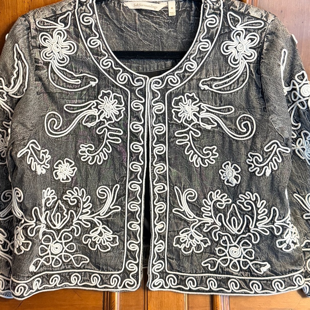 Soft Surroundings Wildwood Bolero Embroidered Jacket Acid Wash Gray White - Picture 11 of 11